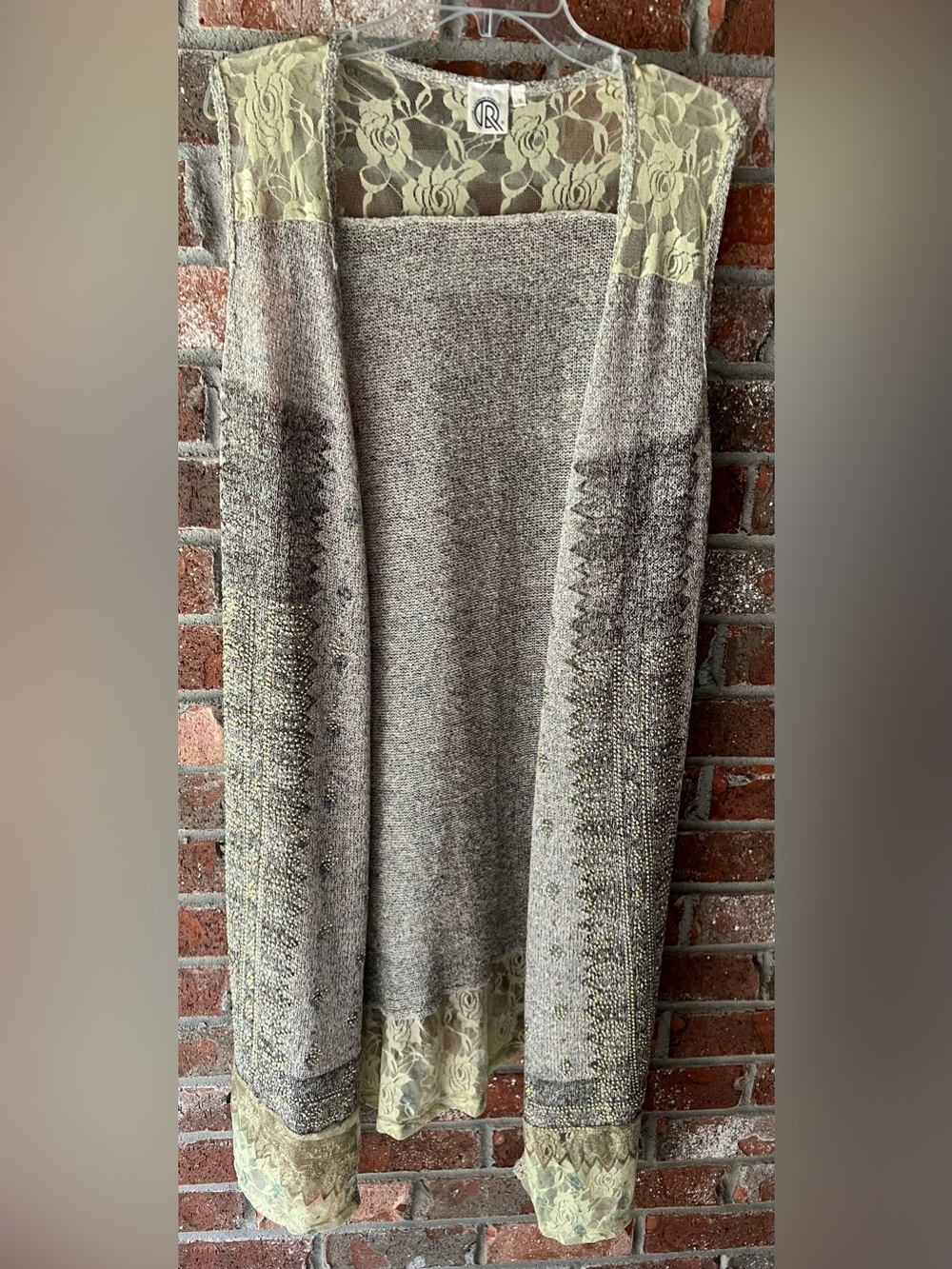 Studded Floral Lace Duster Cardigan. Lace-Trim Taupe and Cream size large/xl